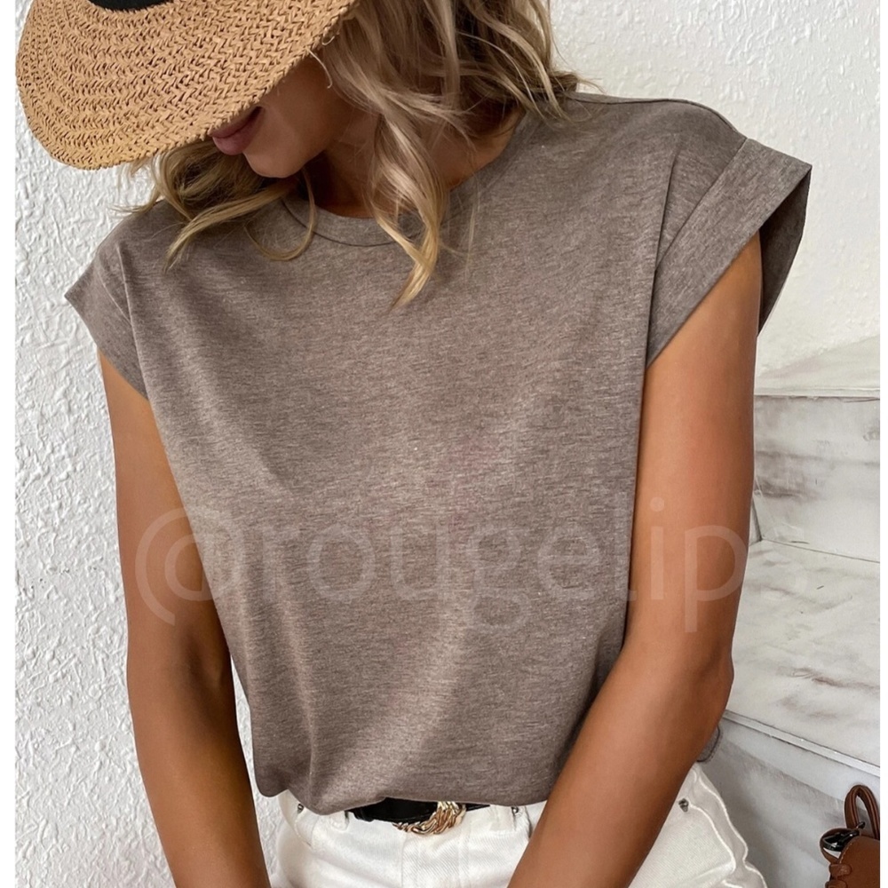 Mocha Brown Crew Neck Muscle Tee Top Shirt Cap Sleeve, Round Neck